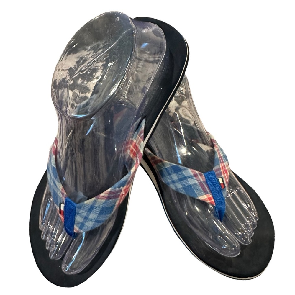 Tommy Hilfiger red white blue plaid patriotic flip flops sandals summer beach 7